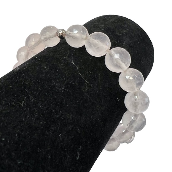 VINTAGE FACETED ROSE QUARTZ 10MM BEADS W SILVER TONE BEADS STRETCH BRACELET - Picture 3 of 8